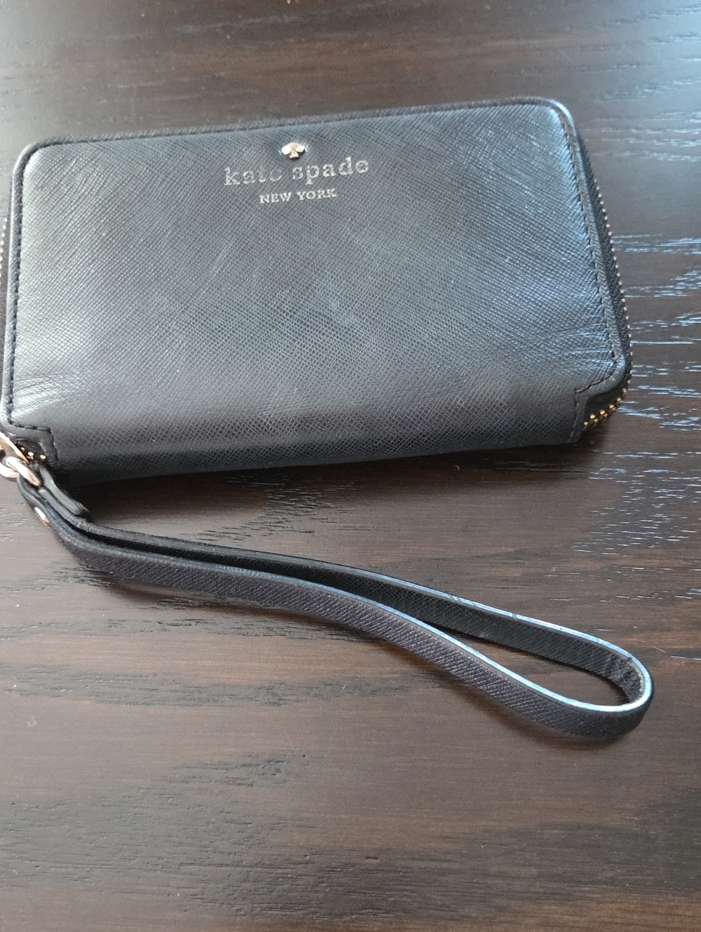 kate spade Black Leather Zip-Around Wristlet Wallet with Gold Logo